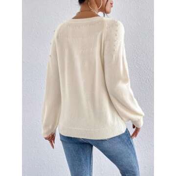 Verdusa Women's Pearls Beaded Raglan Long Sleeve Sweater Pullover Tops Beige Medium