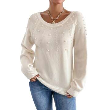 Verdusa Women's Pearls Beaded Raglan Long Sleeve Sweater Pullover Tops Beige Medium