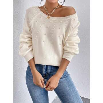 Verdusa Women's Pearls Beaded Raglan Long Sleeve Sweater Pullover Tops Beige Medium