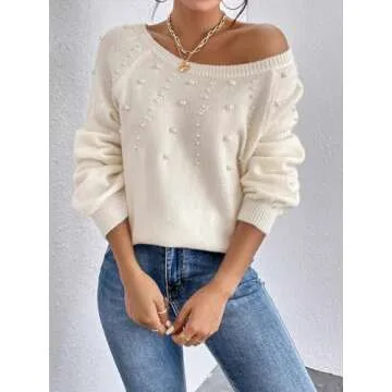 Verdusa Women's Pearls Beaded Raglan Long Sleeve Sweater Pullover Tops Beige Medium