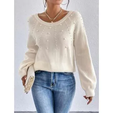 Verdusa Women's Pearls Beaded Raglan Long Sleeve Sweater Pullover Tops Beige Medium