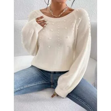 Verdusa Women's Pearls Beaded Raglan Long Sleeve Sweater Pullover Tops Beige Medium