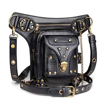 GEARDUKE Black Gothic Rock PU Leather Steampunk Handbag Waist Pack Vintage Punk Shoulder Messenger B...