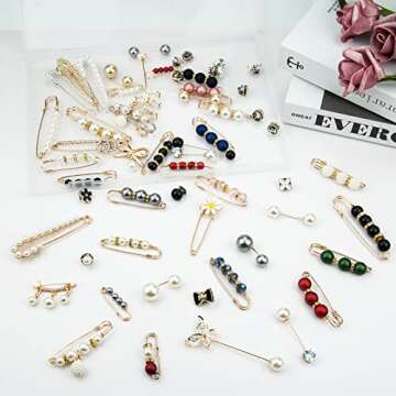 60PCS Brooches Pins, Fashion Brooch Pins for Women Shirt Pant Sweater Shawl Hat Clip Pant Waist Tightener Safety Pins Large Pearl Brooch for Clothes Dress Decoration Accessories
