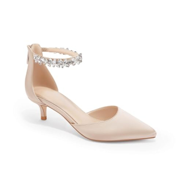 Guayonng Women's Wedding Rhinestones Champagne Low Kitten Heels Size 8