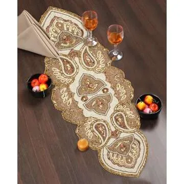 Lightnpro Beaded Christmas Table Runner, Fancy Handmade Decorative Embroidery Gold Runner for Christmas Xmas New Year Family Party Decoration - 13x36 Paisley Design
