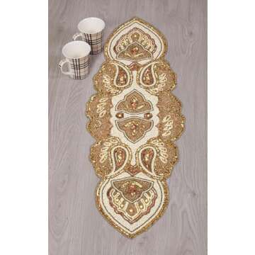 Lightnpro Beaded Christmas Table Runner, Fancy Handmade Decorative Embroidery Gold Runner for Christmas Xmas New Year Family Party Decoration - 13x36 Paisley Design