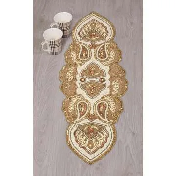 Lightnpro Beaded Christmas Table Runner, Fancy Handmade Decorative Embroidery Gold Runner for Christmas Xmas New Year Family Party Decoration - 13x36 Paisley Design