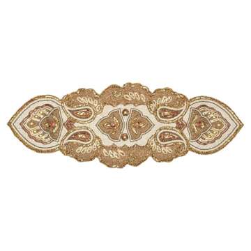 Lightnpro Beaded Christmas Table Runner, Fancy Handmade Decorative Embroidery Gold Runner for Christmas Xmas New Year Family Party Decoration - 13x36 Paisley Design