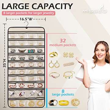 MISSLO Dual-sided Hanging Jewelry Organizer with 40 Pockets and 20 Hook & Loops Closet Necklace Holder for Earring Bracelet Ring Chain with Rotating Hanger, Beige