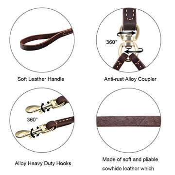 Wellbro Real Leather Double Dog Leash, No Tangle Dual Dog Leashes with Heavy Duty Shiny Coupler, 5 Feet Pet Training and Walking Leads for 2 Puppies, Small and Medium Dogs, Brown