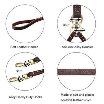 Wellbro Real Leather Double Dog Leash, No Tangle Dual Dog Leashes with Heavy Duty Shiny Coupler, 5 Feet Pet Training and Walking Leads for 2 Puppies, Small and Medium Dogs, Brown