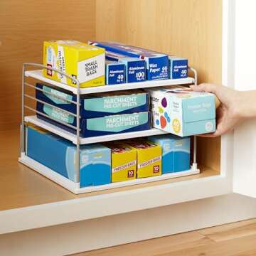 YouCopia UpSpace Cabinet Box Organizer, Adjustable Kitchen and Pantry Shelf for Plastic Wrap and Foil Storage, Large