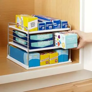 YouCopia UpSpace Cabinet Box Organizer, Adjustable Kitchen and Pantry Shelf for Plastic Wrap and Foil Storage, Large