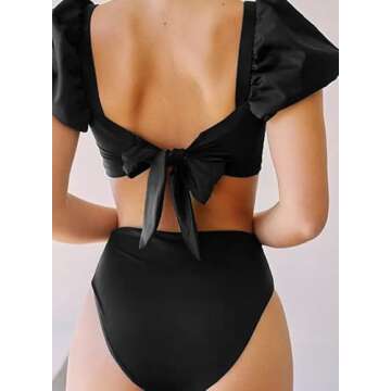 Dokotoo Womens Bikini Summer Bubble Sleeves Tie Waist Back Bandeau High Waisted Bikini Set Cute Solid Padded Two Piece Swimsuits Bathing Suits for Women Bikini Black Small