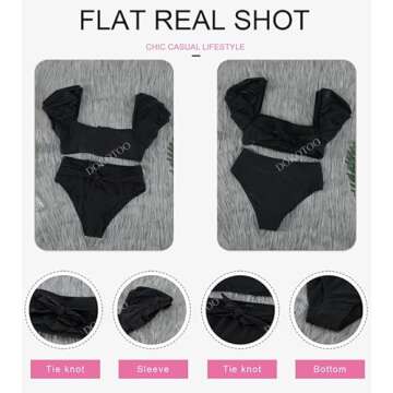 Dokotoo Womens Bikini Summer Bubble Sleeves Tie Waist Back Bandeau High Waisted Bikini Set Cute Solid Padded Two Piece Swimsuits Bathing Suits for Women Bikini Black Small