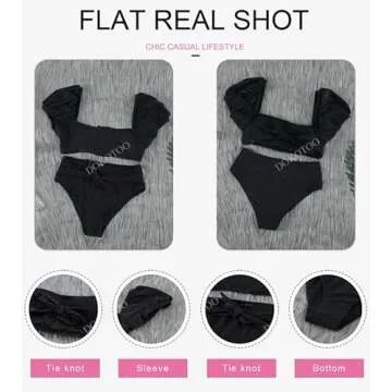Dokotoo Womens Bikini Summer Bubble Sleeves Tie Waist Back Bandeau High Waisted Bikini Set Cute Solid Padded Two Piece Swimsuits Bathing Suits for Women Bikini Black Small
