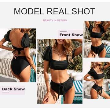Dokotoo Womens Bikini Summer Bubble Sleeves Tie Waist Back Bandeau High Waisted Bikini Set Cute Solid Padded Two Piece Swimsuits Bathing Suits for Women Bikini Black Small