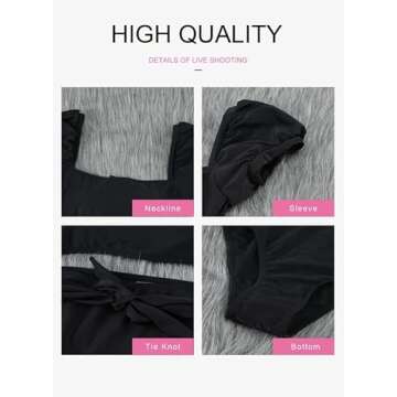 Dokotoo Womens Bikini Summer Bubble Sleeves Tie Waist Back Bandeau High Waisted Bikini Set Cute Solid Padded Two Piece Swimsuits Bathing Suits for Women Bikini Black Small