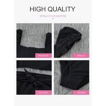 Dokotoo Womens Bikini Summer Bubble Sleeves Tie Waist Back Bandeau High Waisted Bikini Set Cute Solid Padded Two Piece Swimsuits Bathing Suits for Women Bikini Black Small