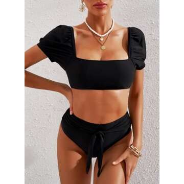 Dokotoo Womens Bikini Summer Bubble Sleeves Tie Waist Back Bandeau High Waisted Bikini Set Cute Solid Padded Two Piece Swimsuits Bathing Suits for Women Bikini Black Small