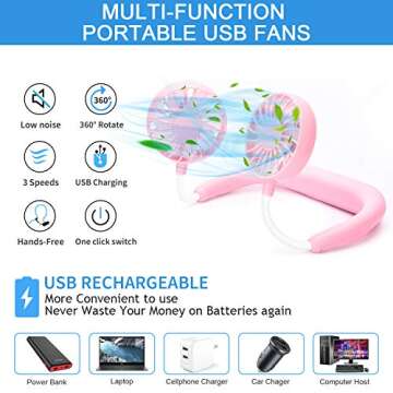 RJVW Portable Neck Fan, Hand Free Personal Hanging Neck Sports Fan USB Rechargeable (3 Speed Adjusta...