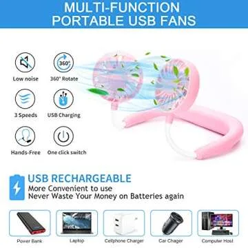 RJVW Portable Neck Fan, Hand Free Personal Hanging Neck Sports Fan USB Rechargeable (3 Speed Adjusta...