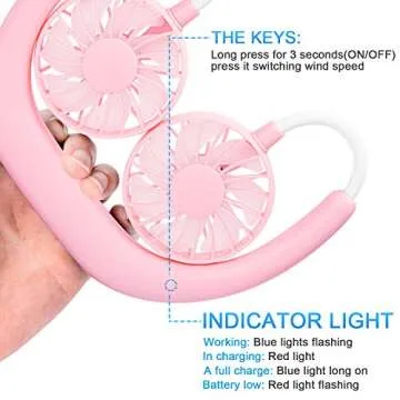 RJVW Portable Neck Fan, Hand Free Personal Hanging Neck Sports Fan USB Rechargeable (3 Speed Adjustable) Wearable Cooling Head Fan,360 Degree Free Rotation for Traveling, Sports, Office, Reading