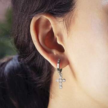 Selenichast Pearl Cross Earrings for Women Gold Plated Dainty Cross Huggie Dangle Earrings Faith Rel...