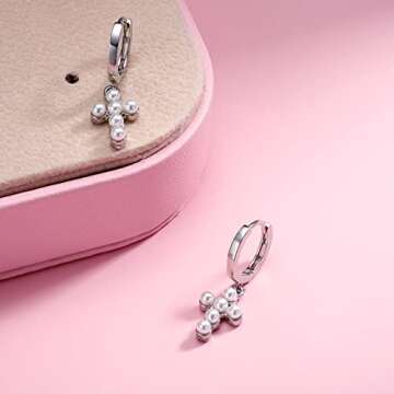 Selenichast Pearl Cross Earrings for Women Gold Plated