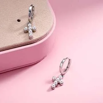 Selenichast Pearl Cross Earrings for Women Gold Plated