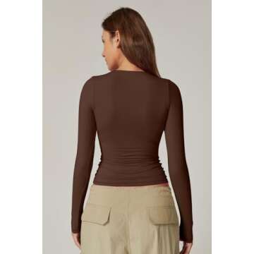 QINSEN Fall Tops for Women Slim Fit Sexy Square Neck T Shirt Long Sleeve Y2K Crop Top Coffee Bean S