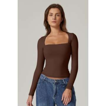 QINSEN Fall Tops for Women Slim Fit Sexy Square Neck T Shirt Long Sleeve Y2K Crop Top Coffee Bean S