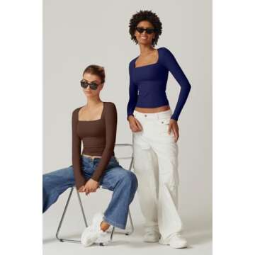 QINSEN Fall Tops for Women Slim Fit Sexy Square Neck T Shirt Long Sleeve Y2K Crop Top Coffee Bean S