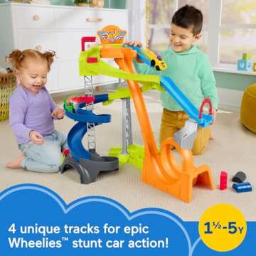 Fisher-Price Little People Toddler Toy Hot Wheels Spiral Stunt Speedway Race Track Playset with 2 Ca...