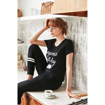 Ekouaer Ladies Lounge Wear Print Pajama Sets Sleep Tops and Jogger Pant with Drawstring Gift for Women Black Galentine day Gift
