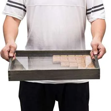 MyGift Vintage Gray Wood Wine Cork Storage Decor Serving Tray with Handles and Clear Acrylic Panel Cover