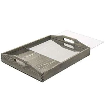 MyGift Vintage Gray Wood Wine Cork Storage Decor Serving Tray with Handles and Clear Acrylic Panel Cover