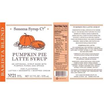 Sonoma Syrup Co Pumpkin Pie Latte Syrup 12.7 ounces - for Coffee and Cooking