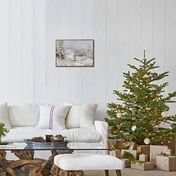 HLNIUC Frame Winter Wall Art Snow Tree Canvas Wall Decor(8”X10”)Snowing village Hang Artwork Christmas Gift Prints Snowy Mountains and Castle painting for Rustic House Living Room Bedroom(Medium Size)