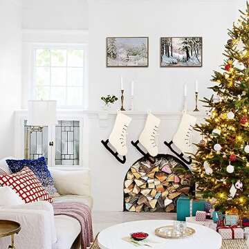 HLNIUC Frame Winter Wall Art Snow Tree Canvas Wall Decor(8”X10”)Snowing village Hang Artwork Christmas Gift Prints Snowy Mountains and Castle painting for Rustic House Living Room Bedroom(Medium Size)