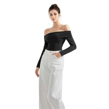 SUUKSESS Women Off Shoulder Bodysuit Double Lined Going Out Basic Tops Long Sleeve Thong Body suit Shirts (Black, XS)