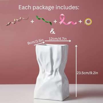RyddeligHome Paper Bag Vase Ceramic Crinkle, Cool Vase for Lego Flower Bouquet, Jarrones para Flores, Wide Big Flower Pot Living Room Entryway Table Decor