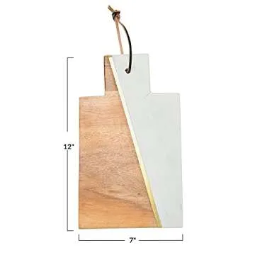 Main + Mesa Boho 2-Tone Marble and Acacia Wood Charcuterie or Cutting Board with Brass Inlay and Leather Tie, White and Natural