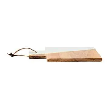 Main + Mesa Boho 2-Tone Marble and Acacia Wood Charcuterie or Cutting Board with Brass Inlay and Leather Tie, White and Natural