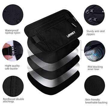 Travel Money Belt RFID Blocking Waist Wallet Waterproof Hidden Stash for Men Women, Under Clothes Passport Holder with 10 Credit Card Sleeves, Black
