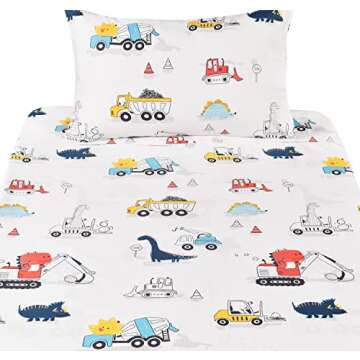 J pinno Dinosaur Construction Work Digger Cars Vehicle Cute Cozy Fun Twin Sheet Set for Kids Girls Children, 100% Cotton, Flat Sheet + Fitted Sheet + Pillowcase Bedding Set (Dinosaur, Twin)