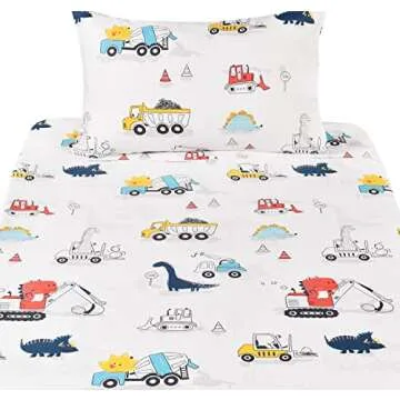 J pinno Dinosaur Construction Work Digger Cars Vehicle Cute Cozy Fun Twin Sheet Set for Kids Girls Children, 100% Cotton, Flat Sheet + Fitted Sheet + Pillowcase Bedding Set (Dinosaur, Twin)