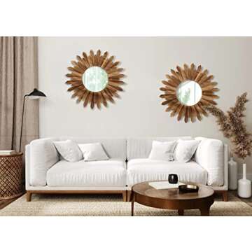 LOSOUR 2 Pack 22 Inch Boho Wall Sunburst Mirror Rustic Round Wood Decorative Mirror Boho Wall Art Decor Mirror for Entryway Bedroom Living Room
