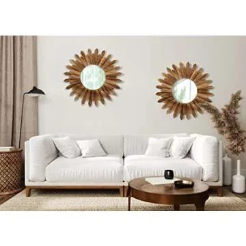 LOSOUR 2 Pack 22 Inch Boho Wall Sunburst Mirror Rustic Round Wood Decorative Mirror Boho Wall Art Decor Mirror for Entryway Bedroom Living Room